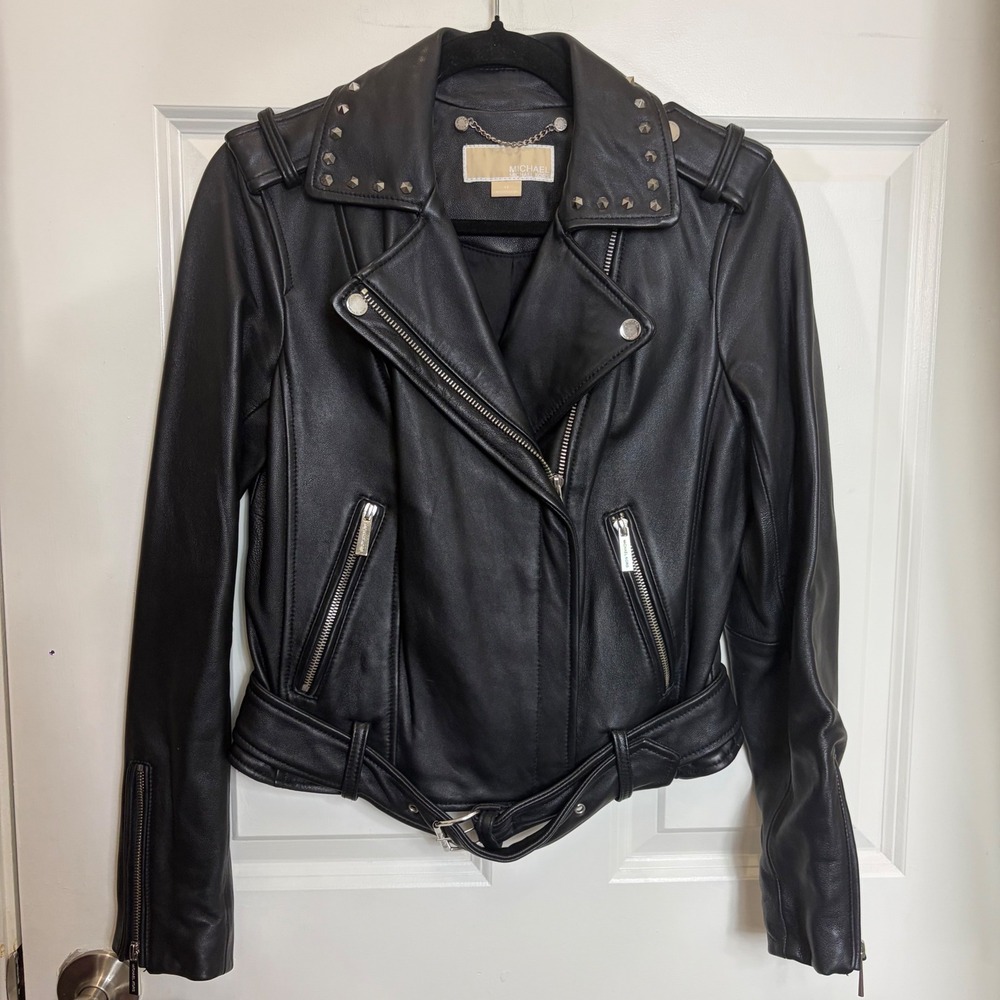 Michael Kors Black Leather Studded Moto Jacket Asymmetric Zip Belted XS